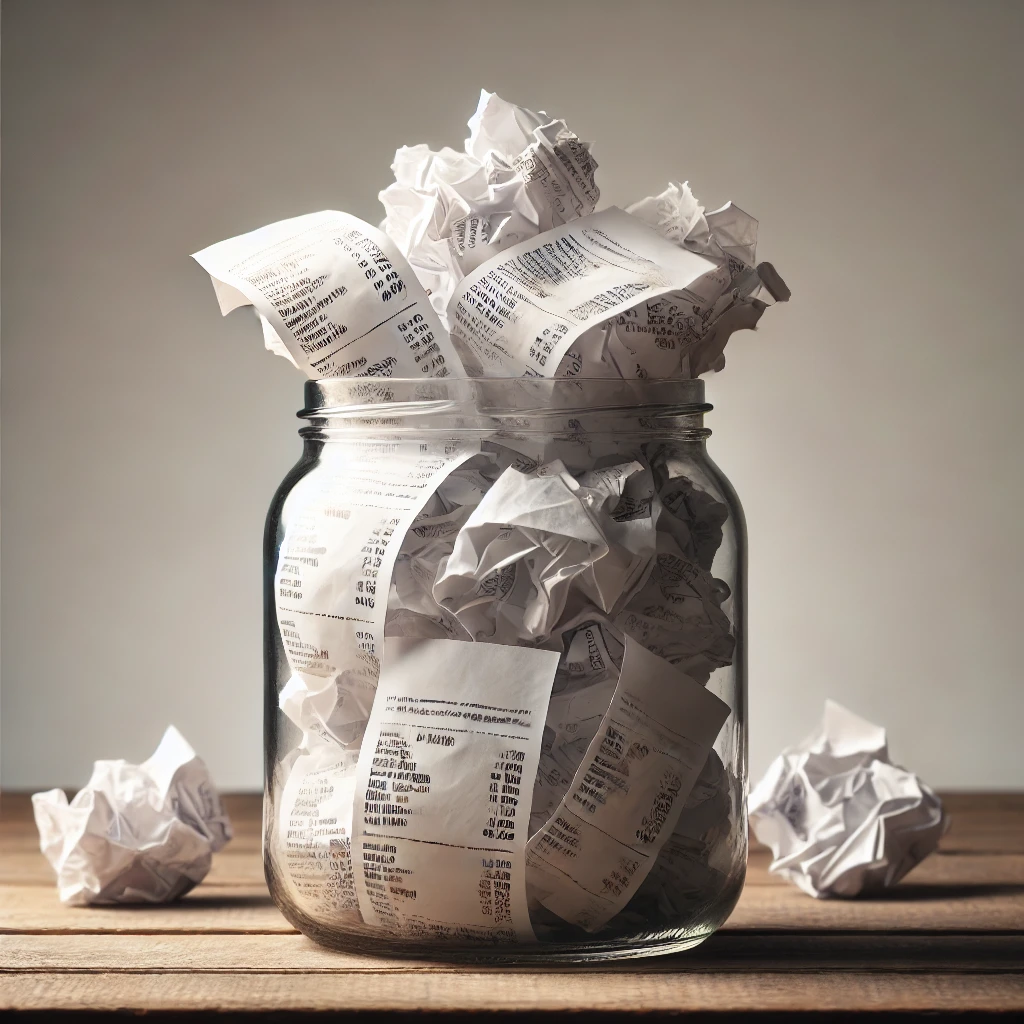 bunch of receipts in a jar